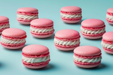 Row of delicious pink and white macarons arranged on a blue background, sweet and colorful dessert assortment
