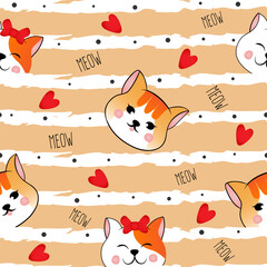 Seamless pattern with many different  red heads of cats on orange striped background. Vector illustration for children.