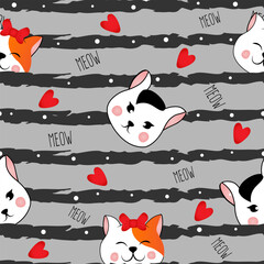Seamless pattern with many different  red and black and grey heads of cats on white striped background. Vector illustration for children.