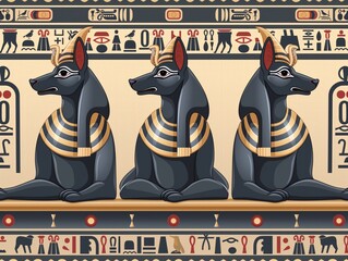 Three Egyptian dogs are sitting on a wall with hieroglyphics in the background. The dogs are black and have gold accents on their fur. The scene gives off a sense of mystery and ancient history