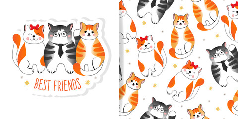 Set of card and seamless pattern with grey and red striped cats on white background. Vector illustration for children, fabric.