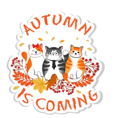 Sticker with three red and grey cute little cat is sitting with autumn leaves. Autumn is coming.