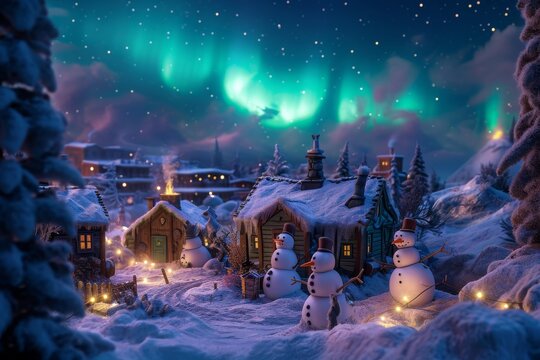 A festive Christmas scene featuring snowmen illuminated by vibrant aurora lights in a snowy landscape, A sleepy snowman village under the aurora borealis night sky, AI Generated - Powered by Adobe