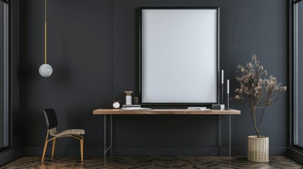  A stylish interior featuring a sleek black photo frame mounted on a white wall, displaying a...