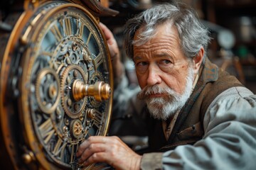 Clockmaker meticulously restoring an antique grandfather clock