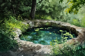 This photo showcases a painting of a picturesque pond surrounded by a variety of trees, creating a...