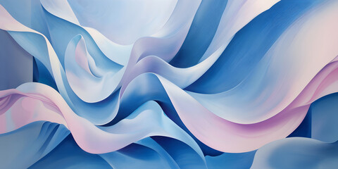 Blue, pink and white waves of paper, textile folds of satin. 3D Concept design for backgrounds, wallpapers and textures.