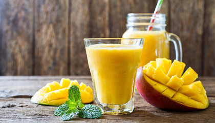 Mango smoothie juice and fruit in drinking glass and jar on wooden table in rustic kitchen - obrazy, fototapety, plakaty