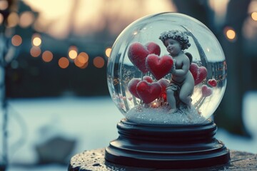 A snow globe featuring a cupid statue holding a heart in an enchanting scene, A snow globe filled with hearts and cherubs, AI Generated