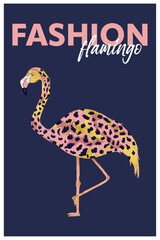 Wall decor in minimalistic style. Poster with pink flamingo in trendy leopard print style. Fashion flamingo art in modern boho style.