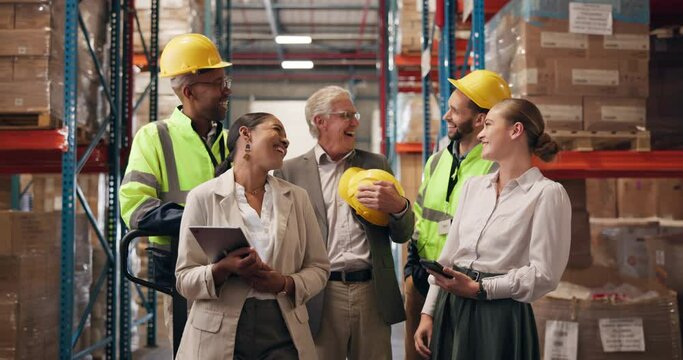 People, laughing and factory warehouse with teamwork for inventory inspection or supply chain, distribution or ecommerce. Men, women and funny joke in wholesale storage for cargo, export or courier