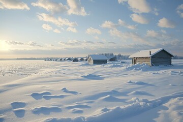 A winter scene showcasing a snow-covered field with houses and trees in the background, A snow-covered landscape with ice fishing huts scattered over the frozen lake, AI Generated