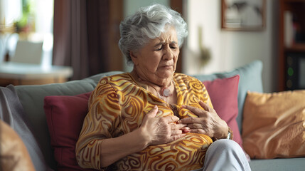 Photograph of old woman in a modern livingroom sofa having a stomach ache. touching stomach with hands