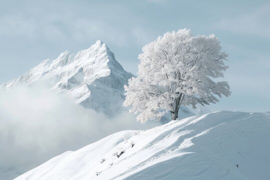 A photo showing a majestic snow-covered mountain with a solitary tree standing prominently in the foreground, A snow-covered mountain peak with a couple's initials carved into a tree, AI Generated