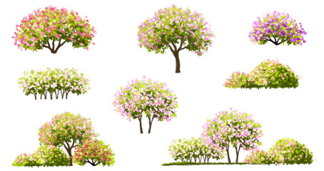 Vector watercolor blooming flower tree or forest side view isolated on white background for landscape and architecture drawing,elements for environment or and garden,shrub for section ,Set of floral - obrazy, fototapety, plakaty