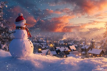 A snowman wearing a red hat and scarf stands in the snowy landscape, A snowman on a hill overlooking a frosty village, AI Generated