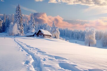 A house stands in a snowy field surrounded by white, untouched snow, A snowy landscape with heart-shaped footprints leading to a cozy cabin, AI Generated