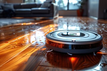 Robot vacuum cleaning wooden living room floor