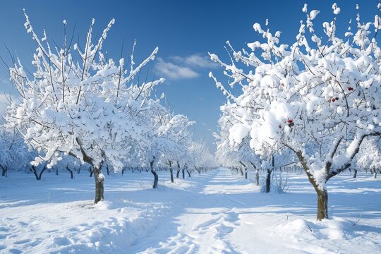 A photo showcasing a vast snow-covered field with numerous trees standing tall, A snowy orchard with snow-laden fruit trees, AI Generated