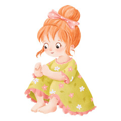 A watercolor children's illustration. a small red-haired girl sitting. She wears a green dress with a flower pattern and a pink bow. for children's books educational materials, or greeting cards
