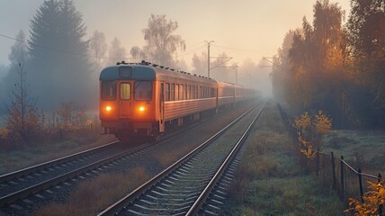 Obraz premium On a misty autumn morning, a passenger electric train operates.