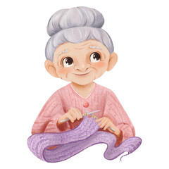 A watercolor children's illustration. a gray-haired grandmother knitting a scarf. hair in a bun and wears a pink sweater. a smiling woman engaged in knitting, for education or family-themed designs
