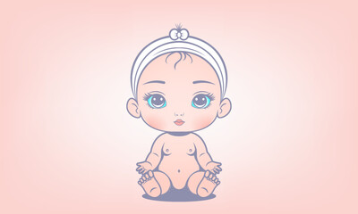 Vector sitting cute little baby doll girl. Kawaii kid with big eyes. Young beautiful fashionable model.