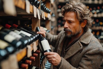 Man examining wine bottles in store