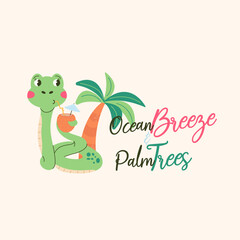 Snake character poster is lettering Ocean Breeze & Palm Trees