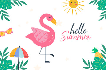 Hello summer background with flamingo character