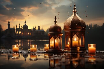 Fototapeta na wymiar Islamic lantern glowing and background mosque
