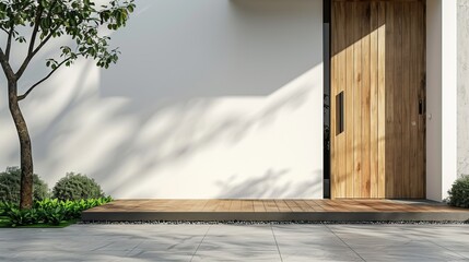 New house with wooden door and empty white wall. 3d rendering of large patio in modern home
