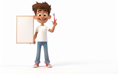 3D cartoon character of a smiling ten-year-old boy holding a toothbrush with his left hand and pointing with his right hand to a white board next 