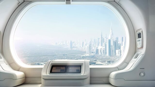 Futuristic spaceship interior with window view on city. 3D rendering, White spaceship interior with window view on the city. 3d rendering, AI Generated