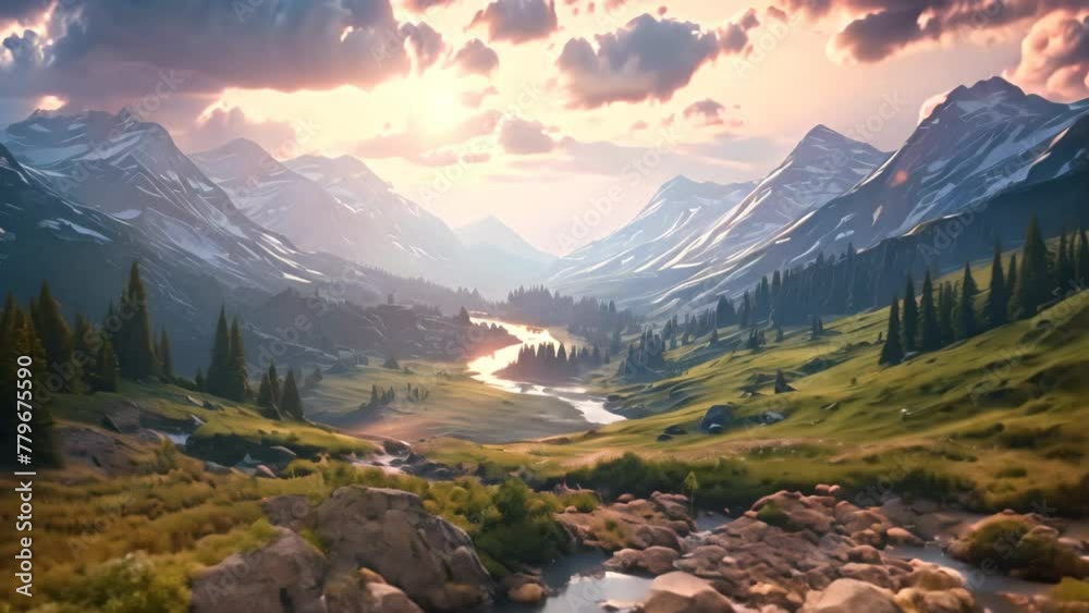 Wall mural Beautiful alpine meadow with flowers in mountains at sunset, Mountain valley during sundown. Beautiful naural landscape in the summer time, AI Generated