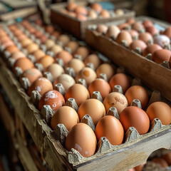 Fresh Eggs on a Wooden Surface. Carton of fresh eggs placed on a wooden surface. The carton is made of recycled paper or cardboard.