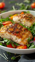 In a white bowl, grilled fish fillets with fresh garden salad on top.