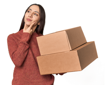Caucasian young woman with moving boxes on studio background looking sideways with doubtful and skeptical expression. - Powered by Adobe