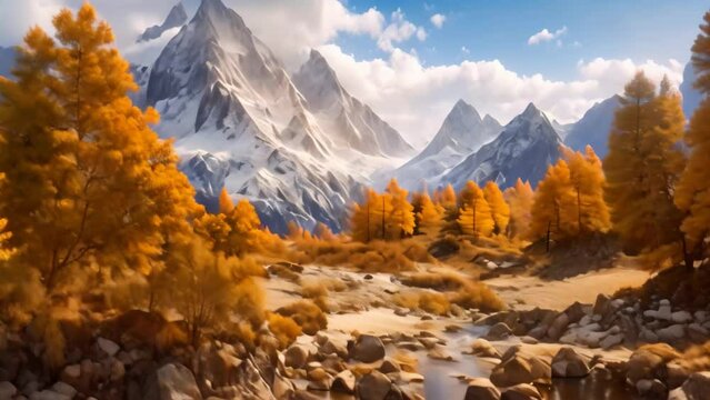 Autumn mountain landscape with yellow larch trees and snow-capped peaks, Colorful in autumn forest and snow mountain at Yading nature reserve, AI Generated