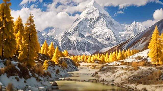 Autumn in Yading national level reserve, Daocheng, Sichuan Province, China, Colorful in autumn forest and snow mountain at Yading nature reserve, AI Generated