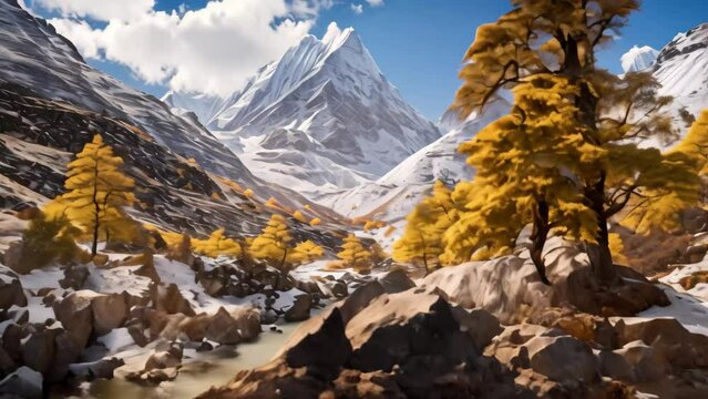 Beautiful mountain landscape with river and autumn trees in Himalayas, Nepal, Colorful in autumn forest and snow mountain at Yading nature reserve, AI Generated