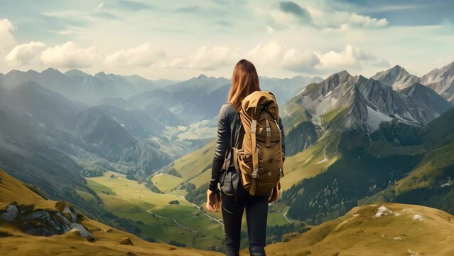Woman hiker with backpack hiking in the mountains. Hiking concept, rear view of a Woman hiker with a backpack enjoying amazing valley landscapes on the top of mountain, AI Generated
