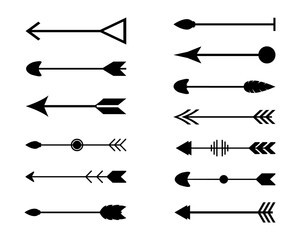 Black arrow element collection for vintage design. Arrow in hand drawn style. Set of vintage decorative arrows. Classic vintage arrows