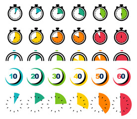 Different stopwatch or timer icons collection on a white background. Set of timer and stopwatch icons. Timer, clock, stopwatch icons