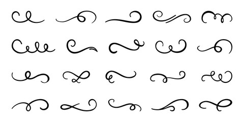 Black swirl curly element collection on a white background. Hand drawn curly swishes. Hand drawn lettering and calligraphy swirls, squiggles