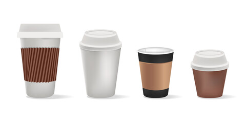 Blank realistic paper cup for coffee or tea. Set of blank double layer coffee cups. 3D mug mock up for hot drinks