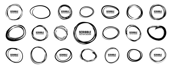 Black scribble round frame collection. Hand drawn circle line sketch. Hand drawn doodle grunge circle highlights. Hand drawn ellipse doodles
