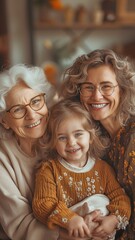 Obraz premium Granny, mother, and little daughter grinning and giving hugs during the holiday and time spent with family