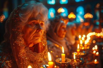 Group of elderly women sitting in front of candles