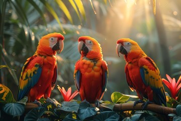 Three colorful parrots sitting on a branch